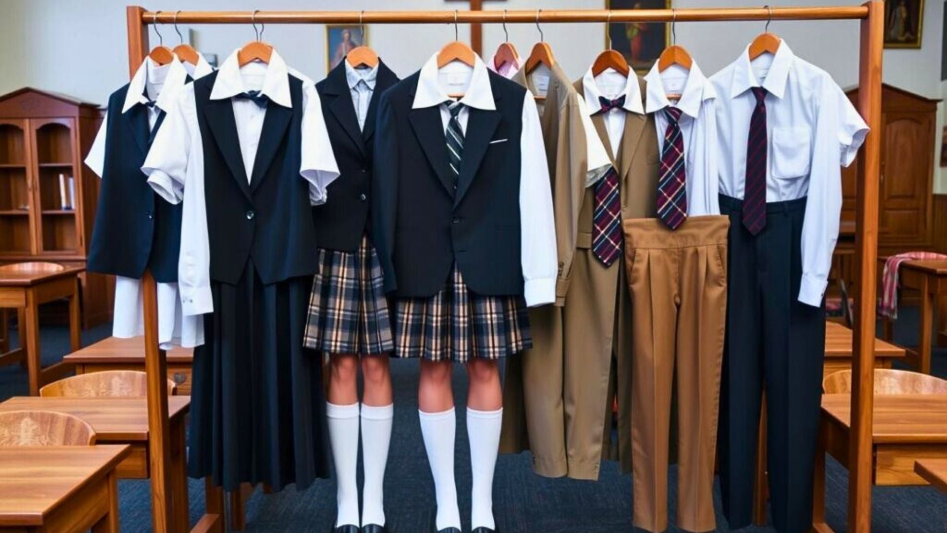 Classic Catholic school uniforms with tartan skirts and ties.