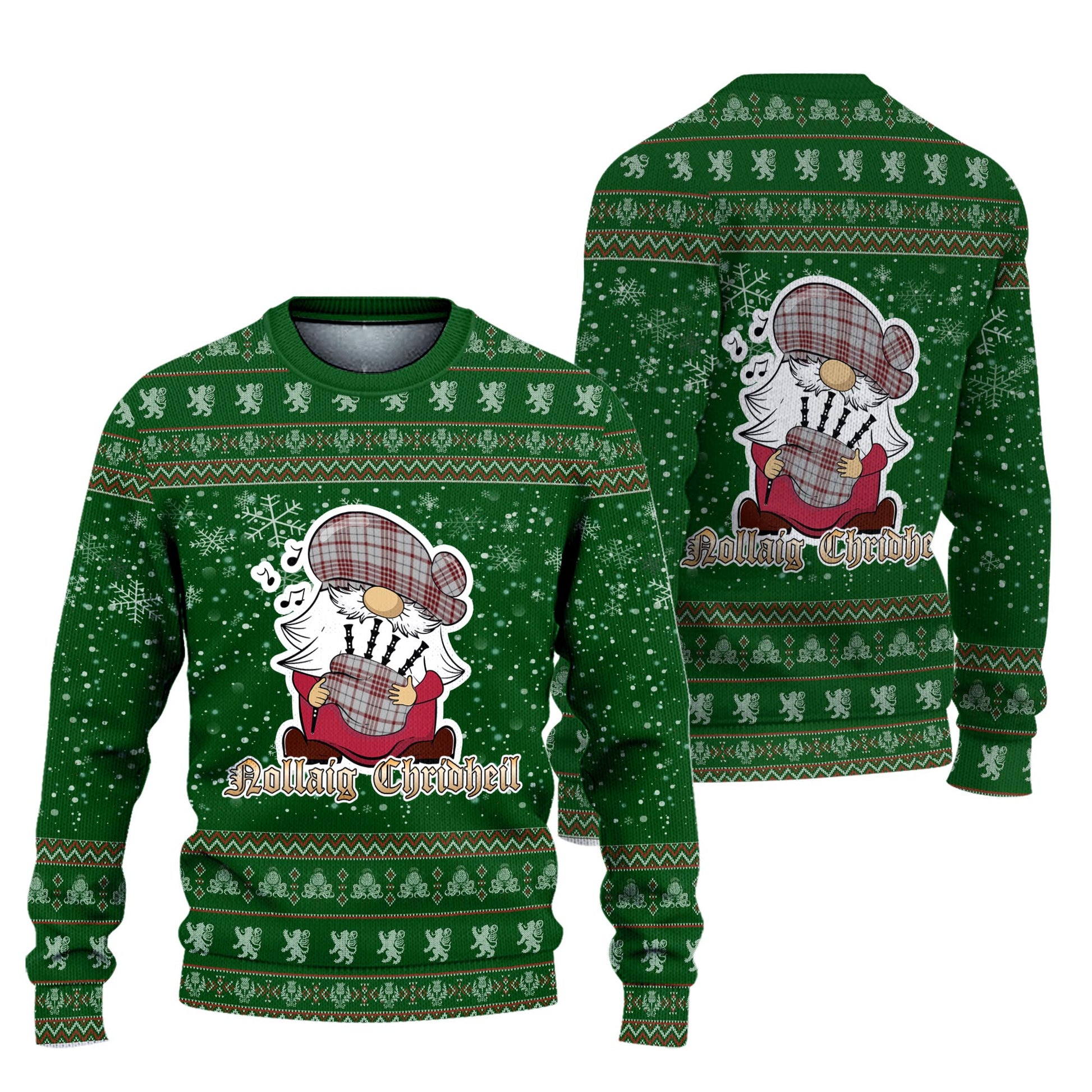 Clayton Clan Christmas Family Knitted Sweater with Funny Gnome Playing Bagpipes Unisex Green - Tartanvibesclothing