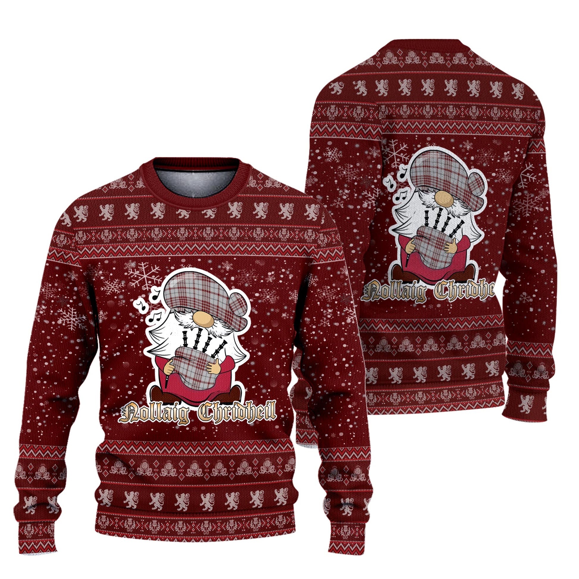 Clayton Clan Christmas Family Knitted Sweater with Funny Gnome Playing Bagpipes Unisex Red - Tartanvibesclothing