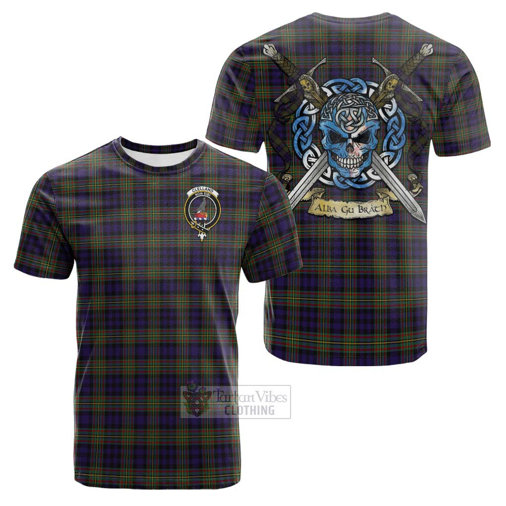 Clelland Tartan Cotton T-shirt with Family Crest Celtic Skull Style Kid's Shirt - Tartan Vibes Clothing
