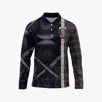 Clelland Tartan Long Sleeve Polo Shirt with Family Crest Cross Sword Thistle Celtic Vibes Unisex - Tartan Vibes Clothing