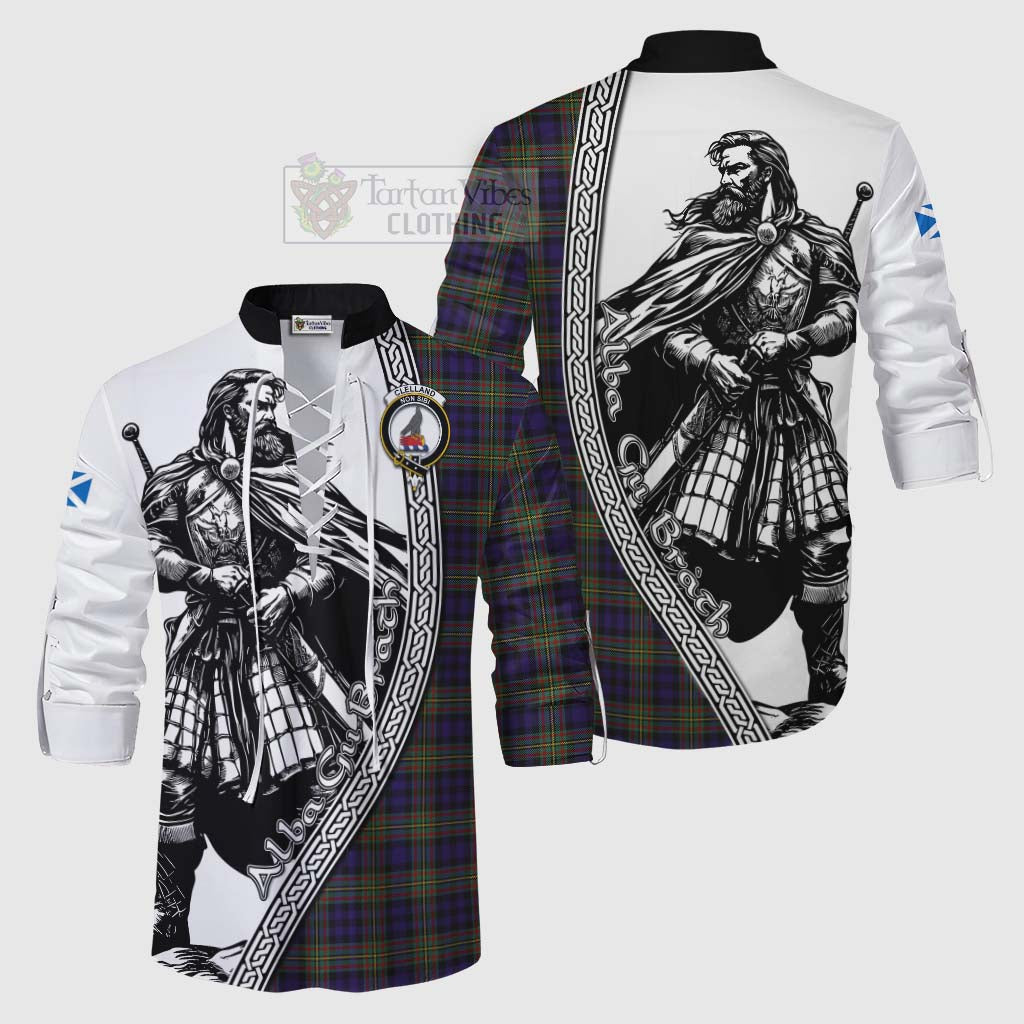 Clelland Tartan Clan Crest Ghillie Kilt Shirt with Highlander Warrior Celtic Style Men - Tartan Vibes Clothing
