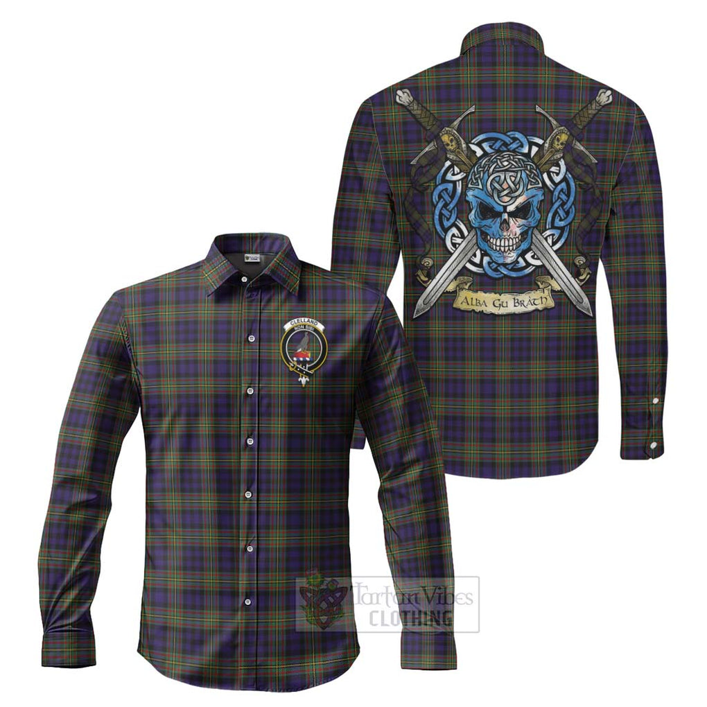 Clelland Tartan Long Sleeve Button Shirt with Family Crest Celtic Skull Style Men's Shirt S - Tartan Vibes Clothing
