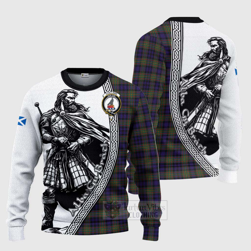 Clelland Tartan Clan Crest Knitted Sweater with Highlander Warrior Celtic Style Unisex - Tartan Vibes Clothing