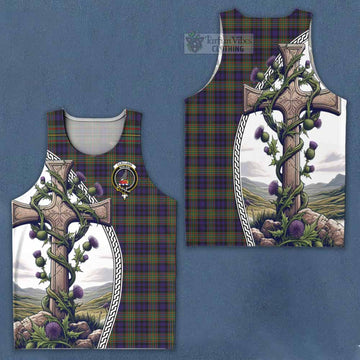 Clelland Tartan Men's Tank Top with Family Crest and St. Andrew's Cross Accented by Thistle Vines Men - Tartan Vibes Clothing