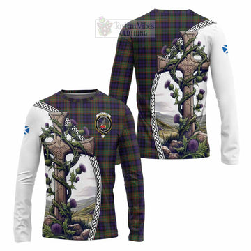 Clelland Tartan Long Sleeve T-Shirt with Family Crest and St. Andrew's Cross Accented by Thistle Vines Unisex - Tartan Vibes Clothing