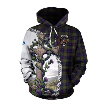 Clelland Tartan Cotton Hoodie with Family Crest and St. Andrew's Cross Accented by Thistle Vines Pullover Hoodie XS - Tartan Vibes Clothing