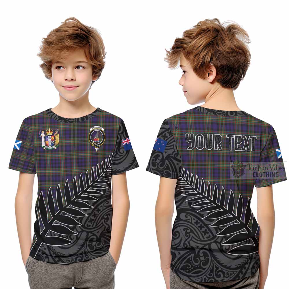 Tartan Vibes Clothing Clelland Crest Tartan Kid T-Shirt with New Zealand Silver Fern Half Style