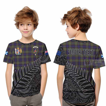 Tartan Vibes Clothing Clelland Crest Tartan Kid T-Shirt with New Zealand Silver Fern Half Style