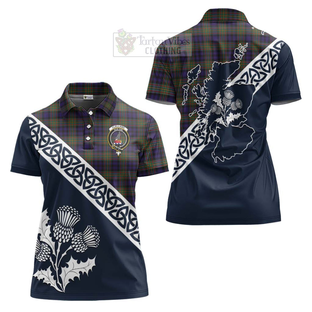 Clelland Tartan Women's Polo Shirt Featuring Thistle and Scotland Map Women - Tartanvibesclothing Store
