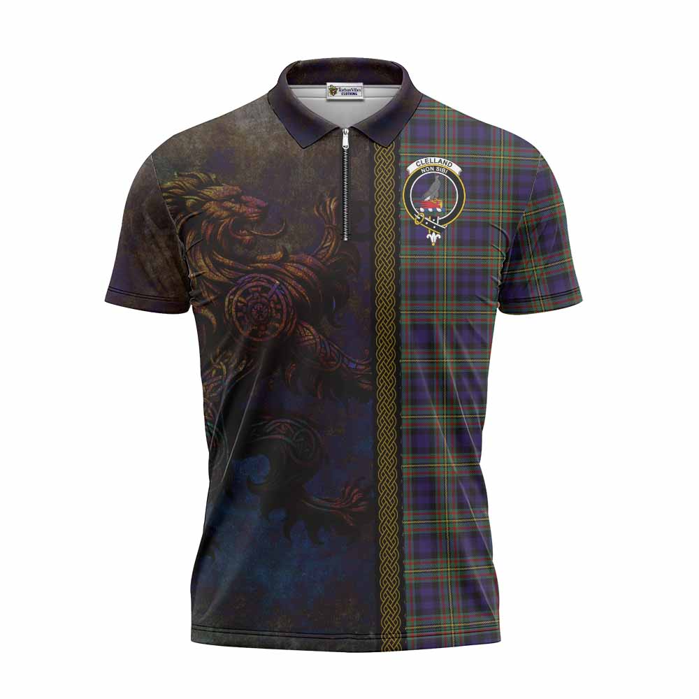 Tartan Vibes Clothing Clelland Tartan Family Crest Zipper Polo Shirt Alba Gu Brath Be Brave Lion Ancient Style