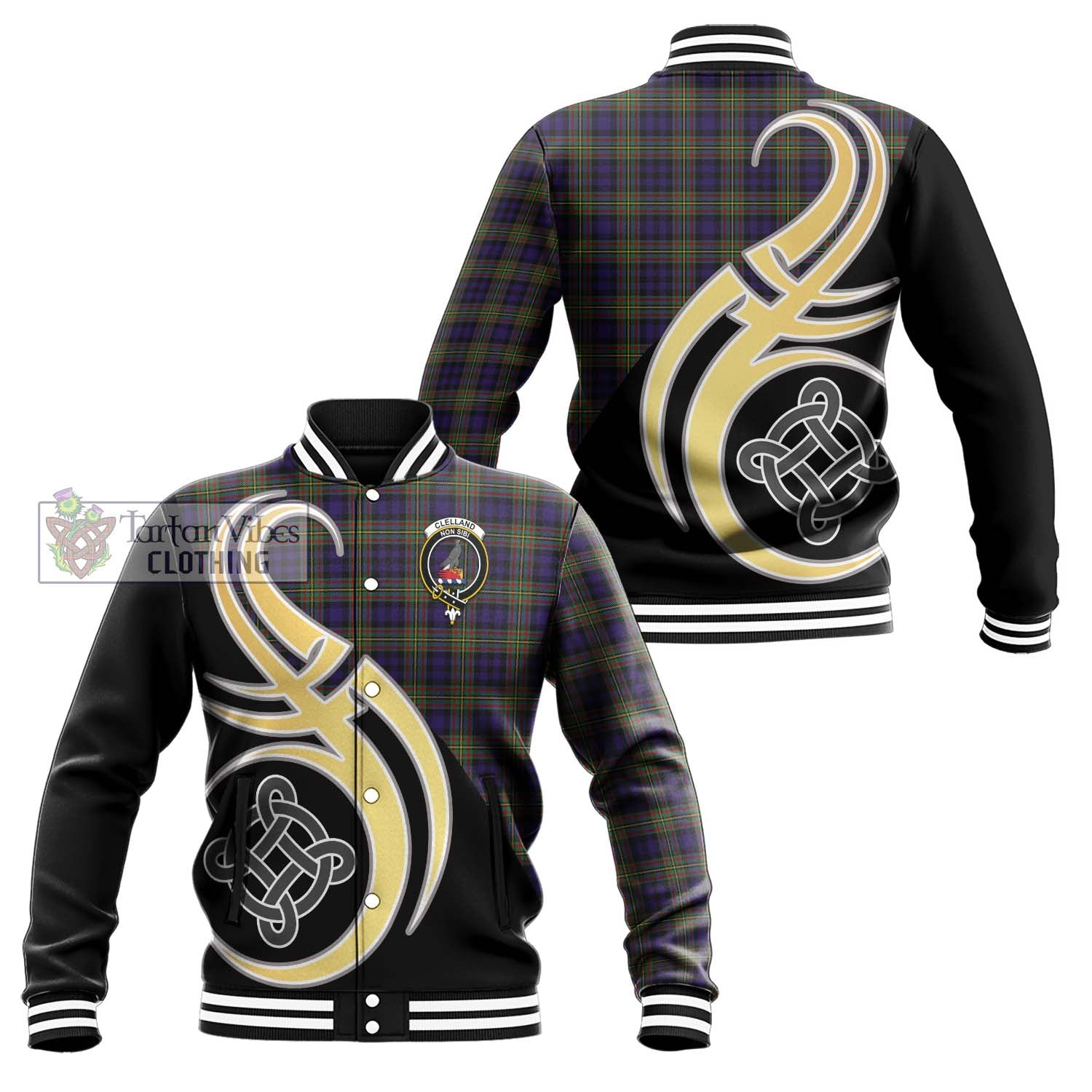 Clelland Tartan Baseball Jacket with Family Crest and Celtic Symbol Style Unisex - Tartan Vibes Clothing