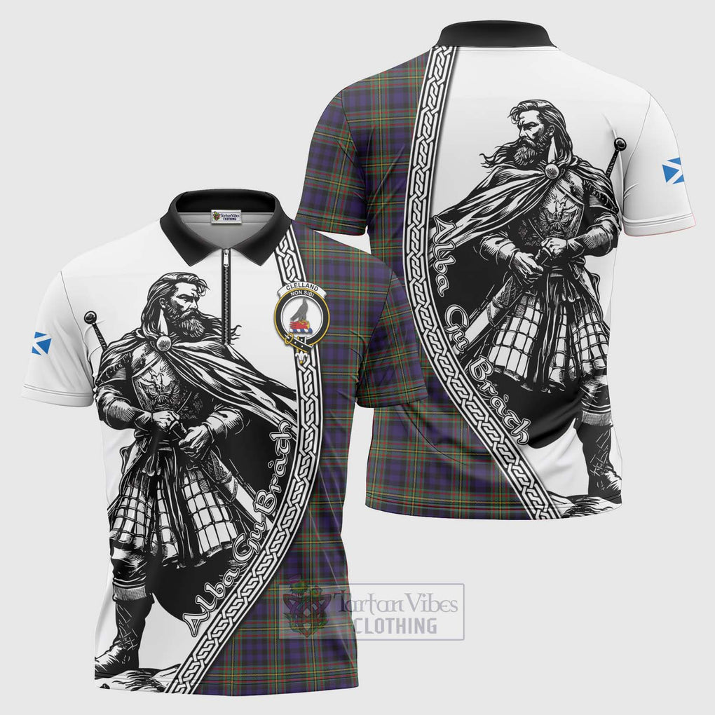 Clelland Tartan Clan Crest Zipper Polo Shirt with Highlander Warrior Celtic Style Unisex - Tartan Vibes Clothing