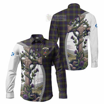 Clelland Tartan Long Sleeve Button Shirt with Family Crest and St. Andrew's Cross Accented by Thistle Vines Men's Shirt S - Tartan Vibes Clothing