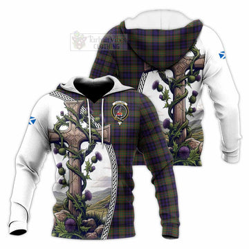 Clelland Tartan Knitted Hoodie with Family Crest and St. Andrew's Cross Accented by Thistle Vines Unisex Knitted Pullover Hoodie - Tartan Vibes Clothing