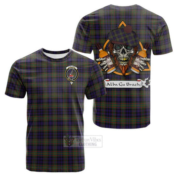 Clelland Tartan Cotton T-shirt with Family Crest and Bearded Skull Holding Bottles of Whiskey Kid's Shirt - Tartan Vibes Clothing
