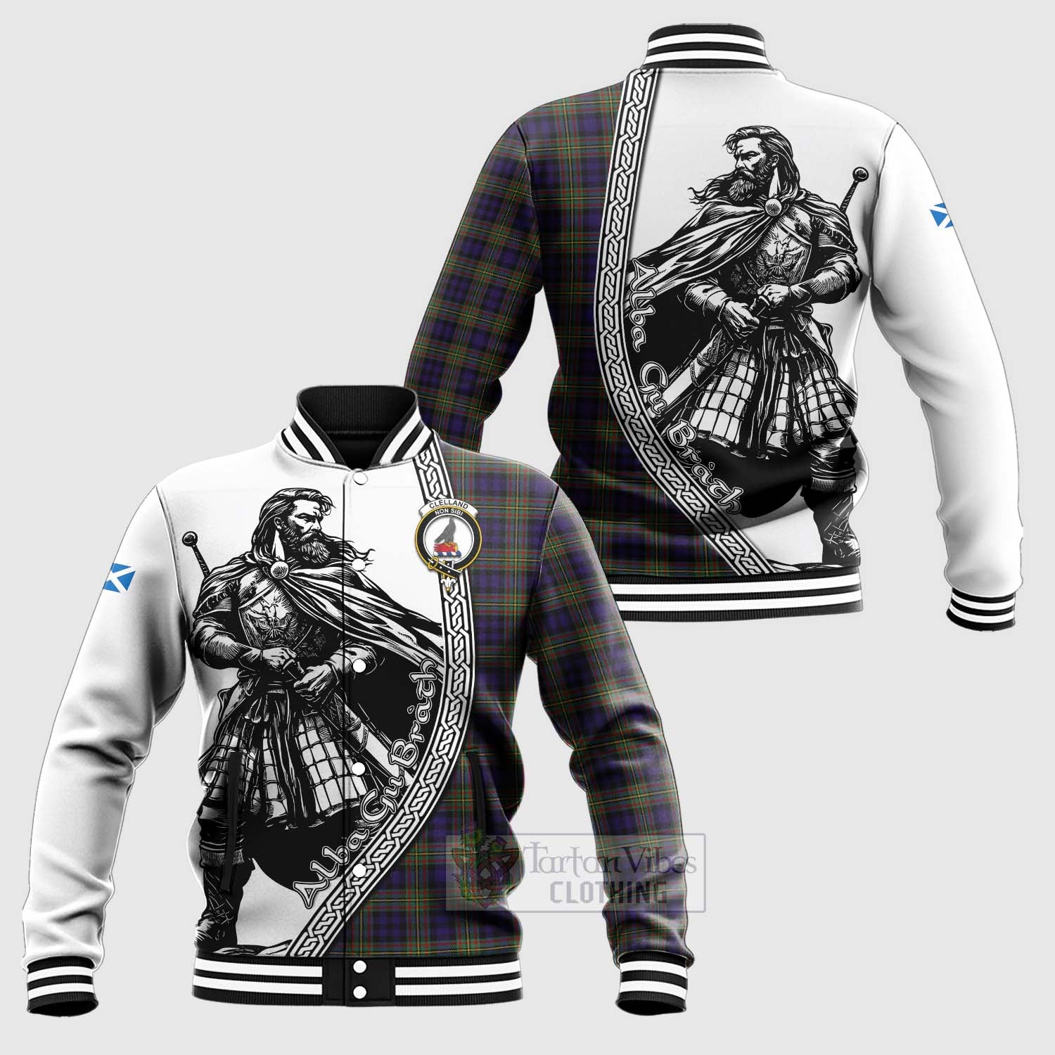 Clelland Tartan Clan Crest Baseball Jacket with Highlander Warrior Celtic Style Unisex - Tartan Vibes Clothing