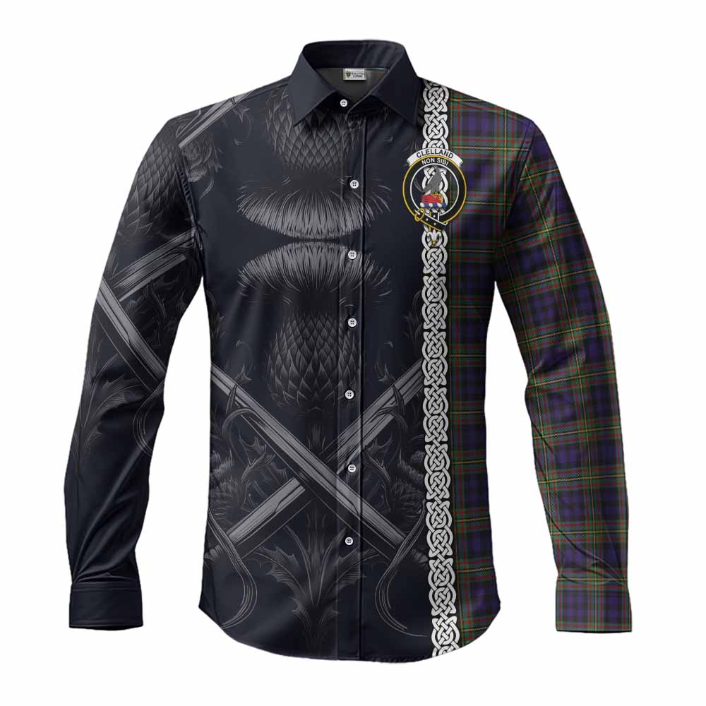 Tartan Vibes Clothing Clelland Tartan Long Sleeve Button Shirt with Family Crest Cross Sword Thistle Celtic Vibes