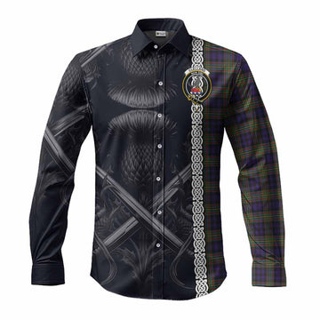 Tartan Vibes Clothing Clelland Tartan Long Sleeve Button Shirt with Family Crest Cross Sword Thistle Celtic Vibes
