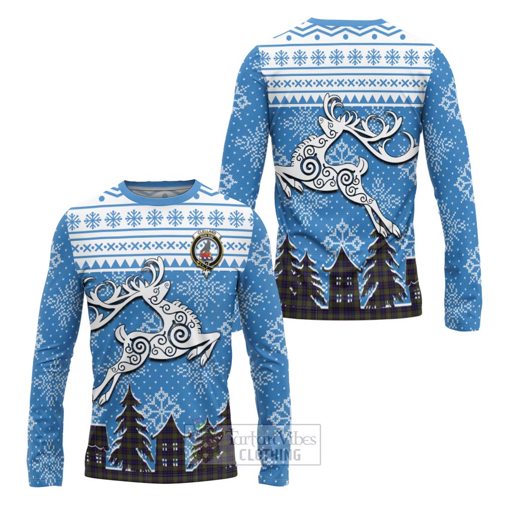 Clelland Clan Christmas Long Sleeve T-Shirt Celtic Reindeer Style Unisex - Tartan Vibes Clothing