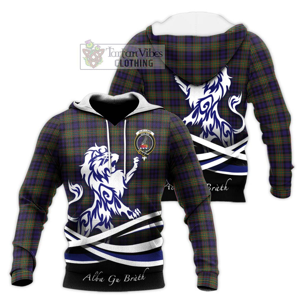Clelland Tartan Knitted Hoodie with Alba Gu Brath Regal Lion Emblem Unisex Knitted Pullover Hoodie - Tartan Vibes Clothing
