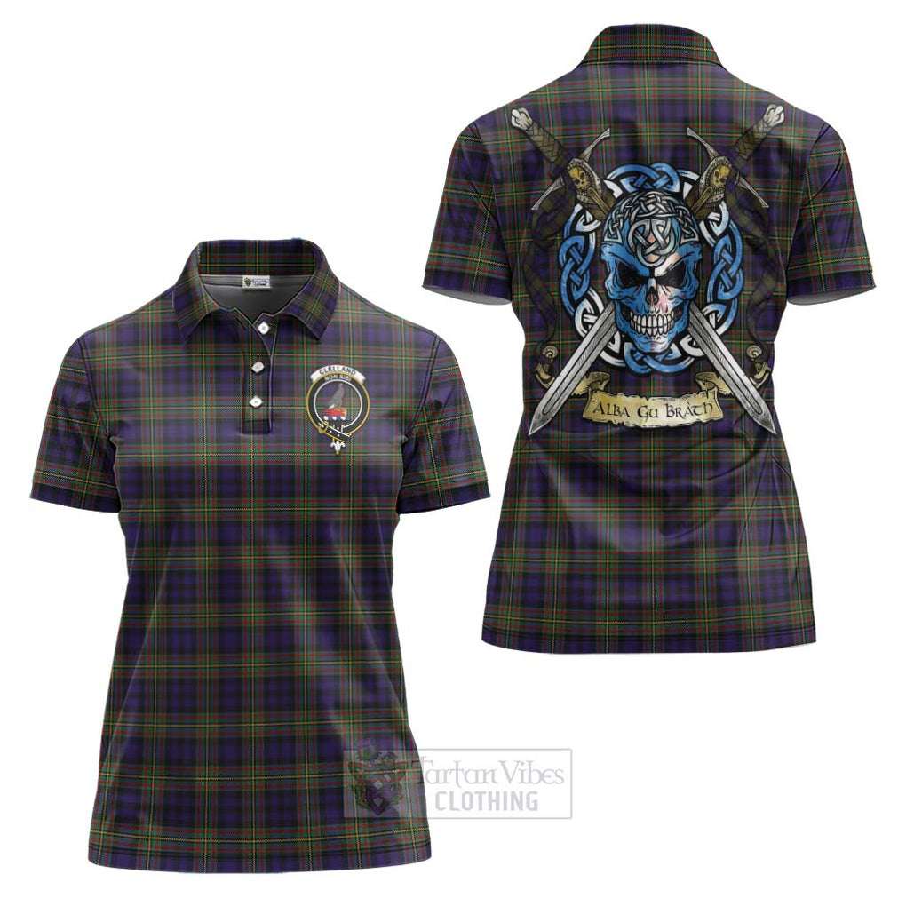 Clelland Tartan Women's Polo Shirt with Family Crest Celtic Skull Style Women - Tartan Vibes Clothing