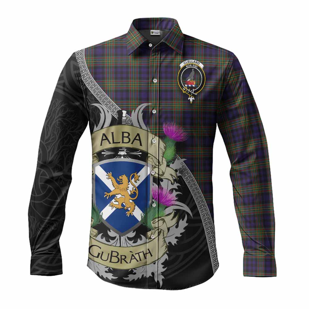 Clelland Tartan Family Crest Long Sleeve Button Shirt Lion Rampant Royal Thistle Shield Celtic Inspired Men's Shirt S - Tartan Vibes Clothing