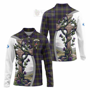 Clelland Tartan Long Sleeve Polo Shirt with Family Crest and St. Andrew's Cross Accented by Thistle Vines Unisex - Tartan Vibes Clothing
