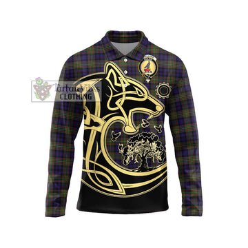 Clelland Tartan Long Sleeve Polo Shirt with Family Crest Celtic Wolf Style Unisex - Tartan Vibes Clothing