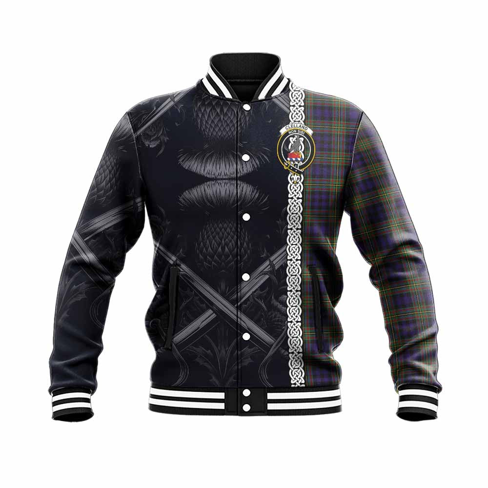 Clelland Tartan Baseball Jacket with Family Crest Cross Sword Thistle Celtic Vibes Unisex - Tartan Vibes Clothing