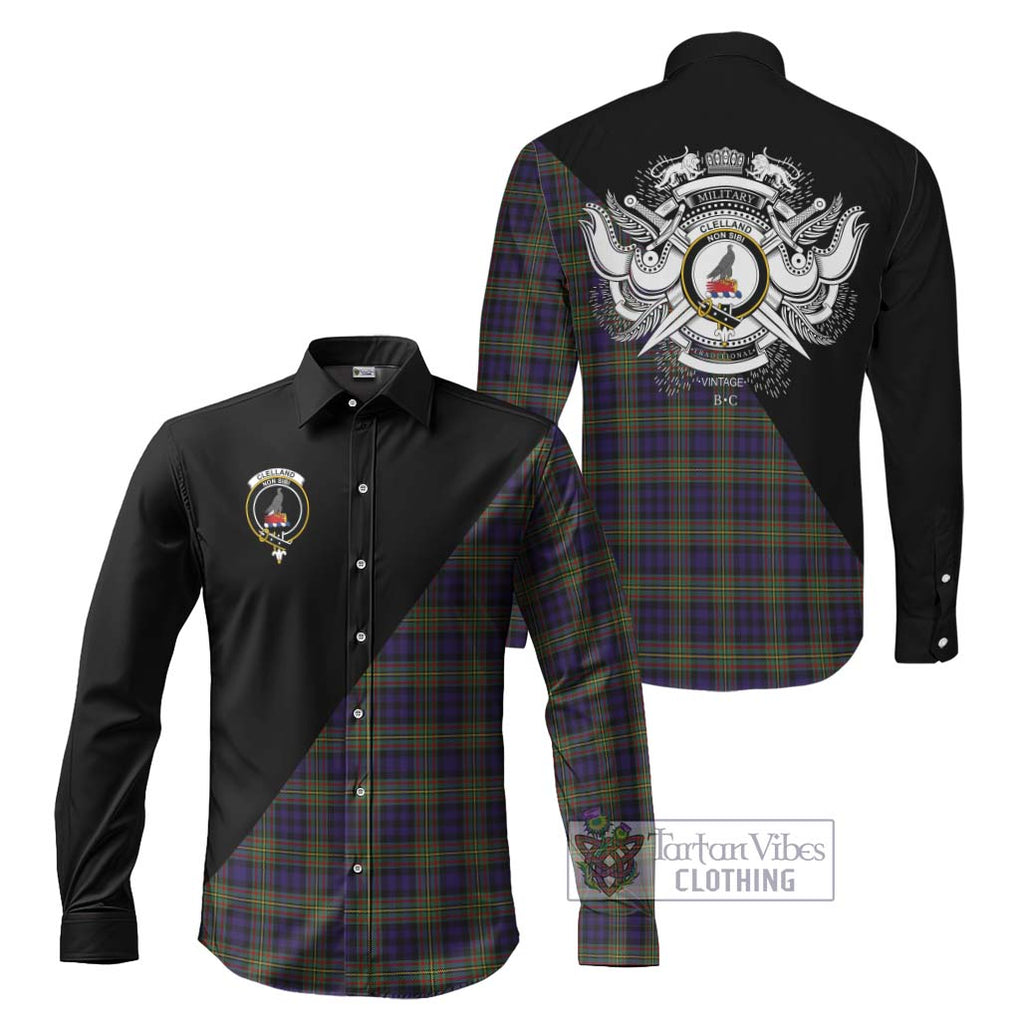 Clelland Tartan Long Sleeve Button Shirt with Family Crest and Military Logo Style Men's Shirt S - Tartanvibesclothing Shop