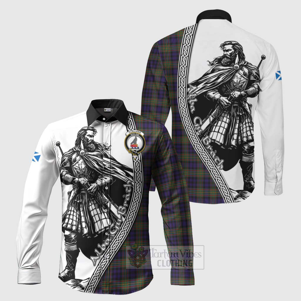 Clelland Tartan Clan Crest Long Sleeve Button Shirt with Highlander Warrior Celtic Style Men's Shirt S - Tartan Vibes Clothing