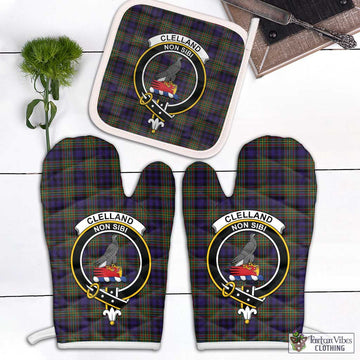 Clelland Tartan Combo Oven Mitt & Pot-Holder with Family Crest Combo 2 Oven Mitt & 1 Pot-Holder Black - Tartan Vibes Clothing