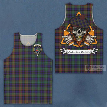 Clelland Tartan Men's Tank Top with Family Crest and Bearded Skull Holding Bottles of Whiskey Men - Tartan Vibes Clothing