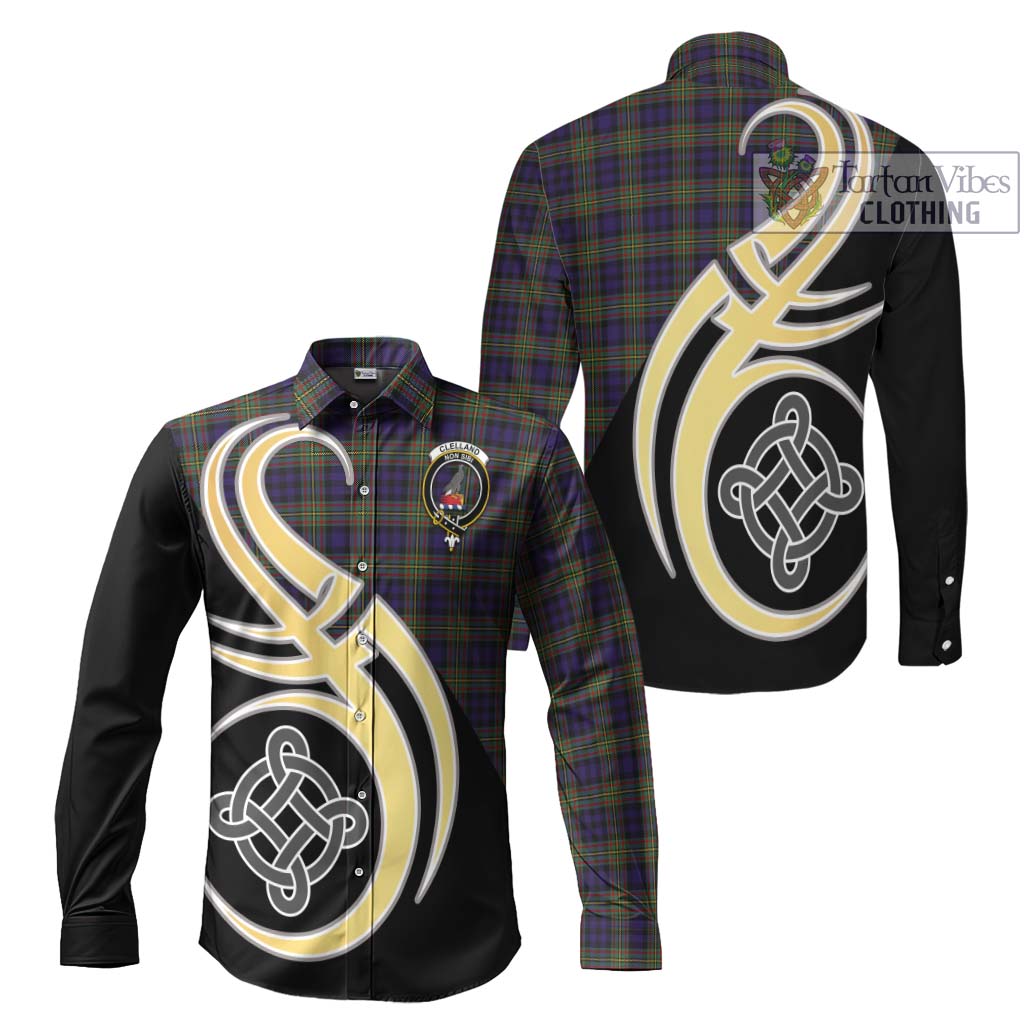 Clelland Tartan Long Sleeve Button Shirt with Family Crest and Celtic Symbol Style Men's Shirt S - Tartan Vibes Clothing