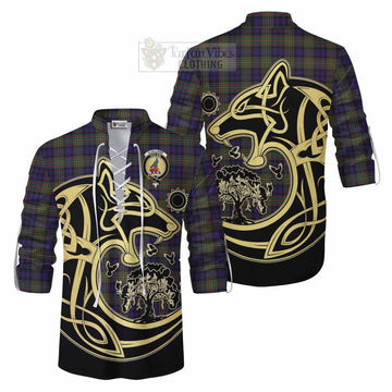 Clelland Tartan Ghillie Kilt Shirt with Family Crest Celtic Wolf Style Men - Tartan Vibes Clothing