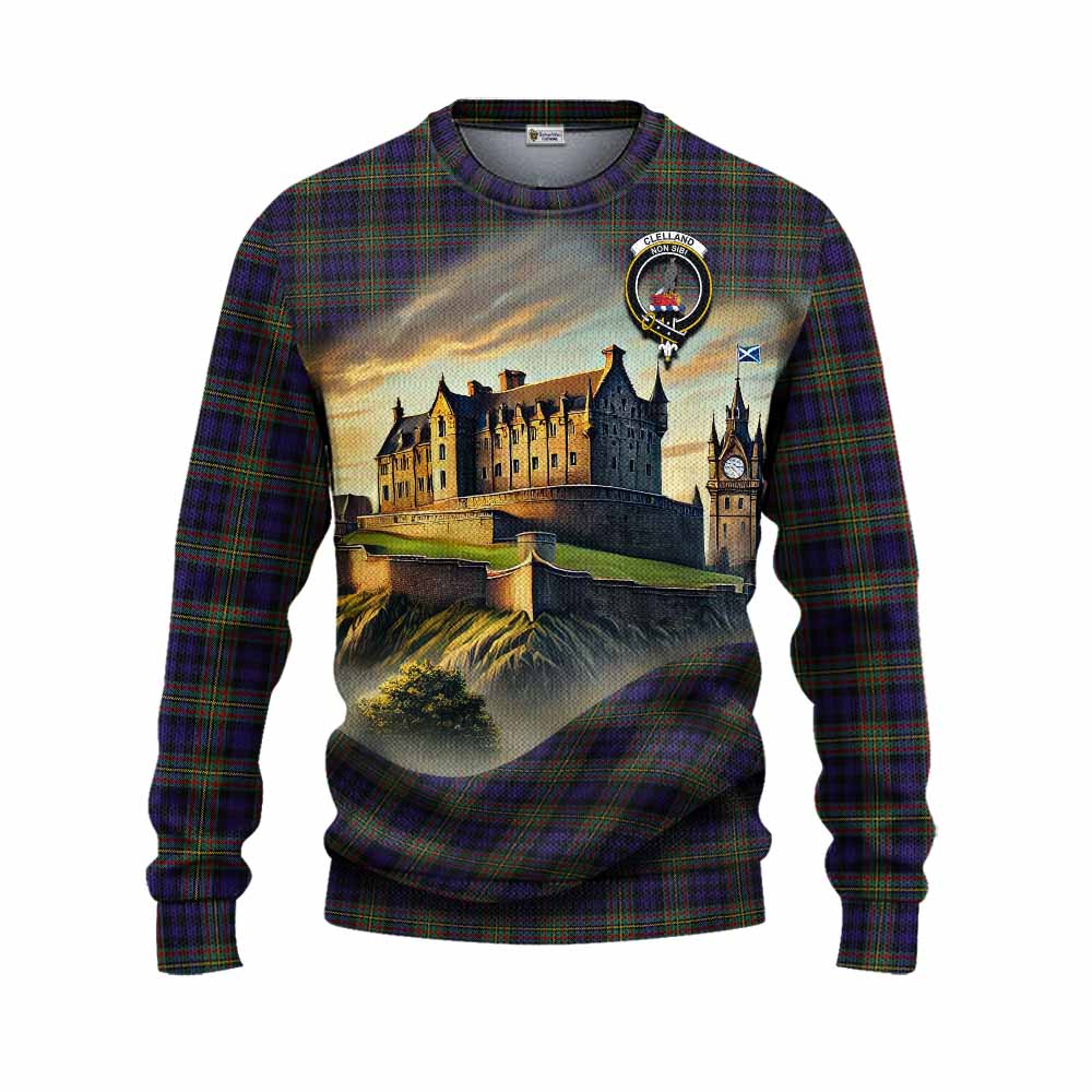Clelland Tartan Family Crest Knitted Sweater with Scottish Ancient Castle Style Unisex - Tartan Vibes Clothing