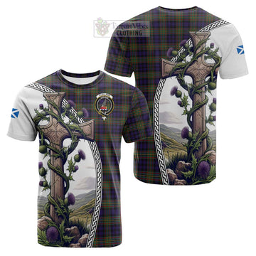 Clelland Tartan Cotton T-shirt with Family Crest and St. Andrew's Cross Accented by Thistle Vines Kid's Shirt - Tartan Vibes Clothing