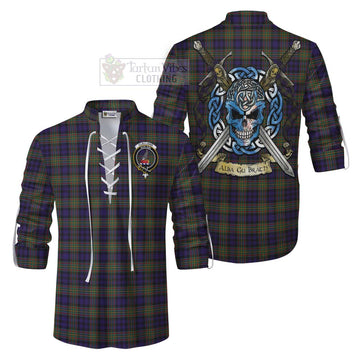 Clelland Tartan Ghillie Kilt Shirt with Family Crest Celtic Skull Style Men - Tartan Vibes Clothing