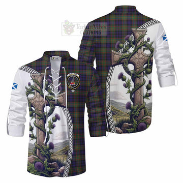 Clelland Tartan Ghillie Kilt Shirt with Family Crest and St. Andrew's Cross Accented by Thistle Vines Men - Tartan Vibes Clothing
