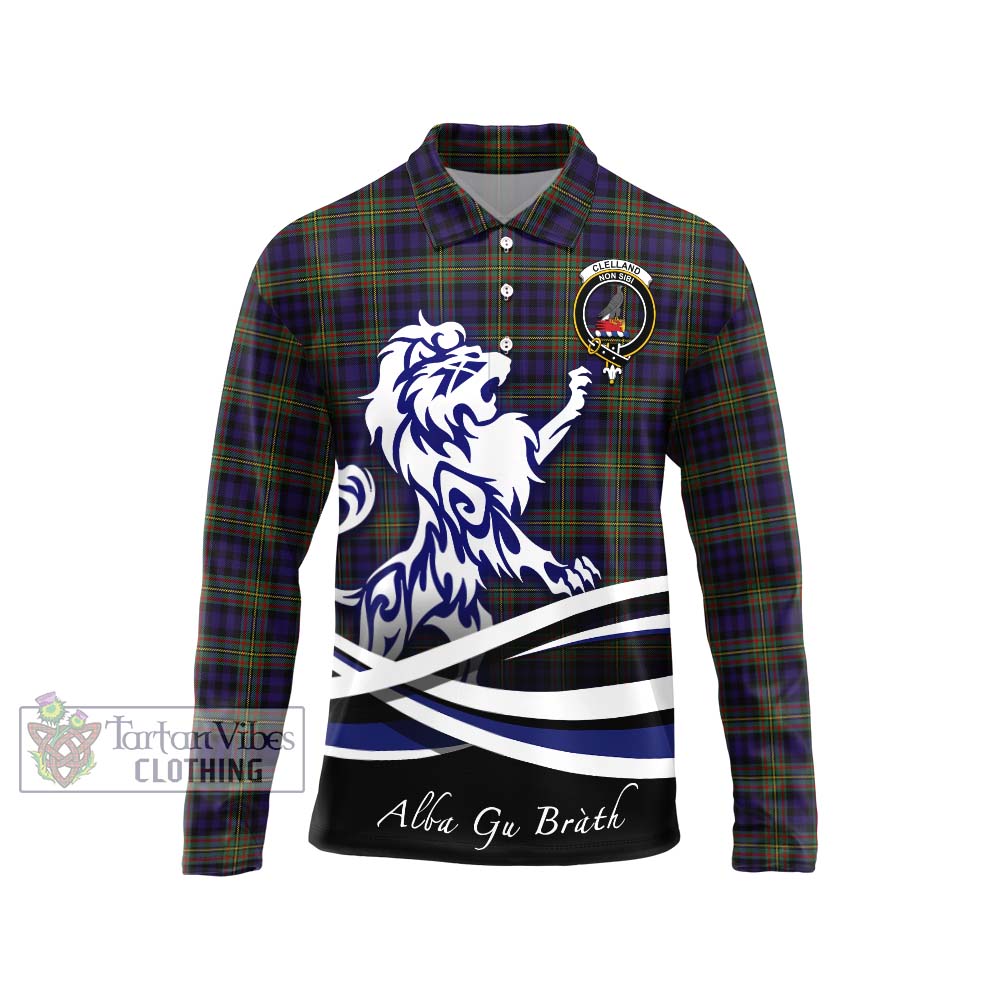 Clelland Tartan Long Sleeve Polo Shirt with Alba Gu Brath Regal Lion Emblem Unisex - Tartan Vibes Clothing
