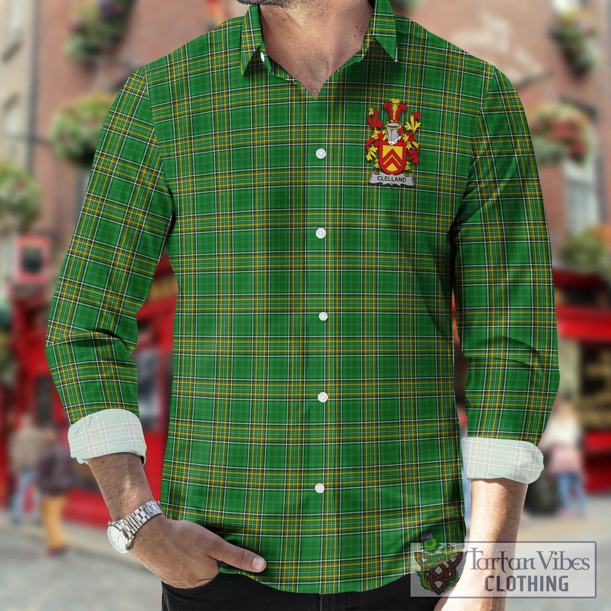 Tartan Vibes Clothing Clelland Ireland Clan Tartan Long Sleeve Button Up with Coat of Arms