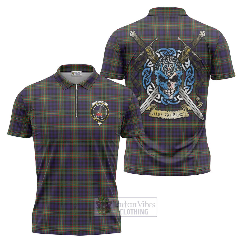 Clelland Tartan Zipper Polo Shirt with Family Crest Celtic Skull Style Unisex - Tartan Vibes Clothing