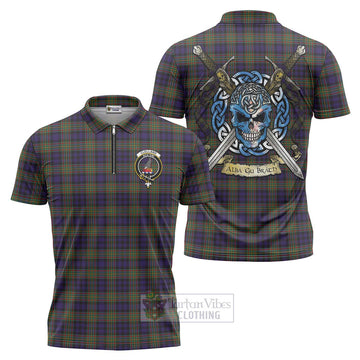Clelland Tartan Zipper Polo Shirt with Family Crest Celtic Skull Style Unisex - Tartan Vibes Clothing
