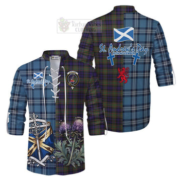 Clelland Tartan Ghillie Kilt Shirt Happy St. Andrew's Day Half Tartan Style Men - Tartan Vibes Clothing