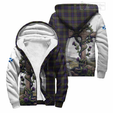 Clelland Tartan Sherpa Hoodie with Family Crest and St. Andrew's Cross Accented by Thistle Vines Unisex S - Tartan Vibes Clothing