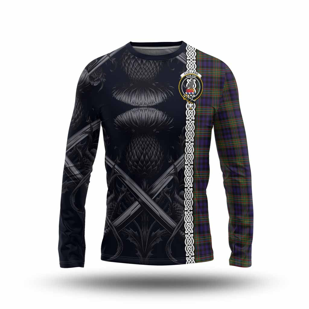 Clelland Tartan Long Sleeve T-Shirt with Family Crest Cross Sword Thistle Celtic Vibes Unisex - Tartan Vibes Clothing