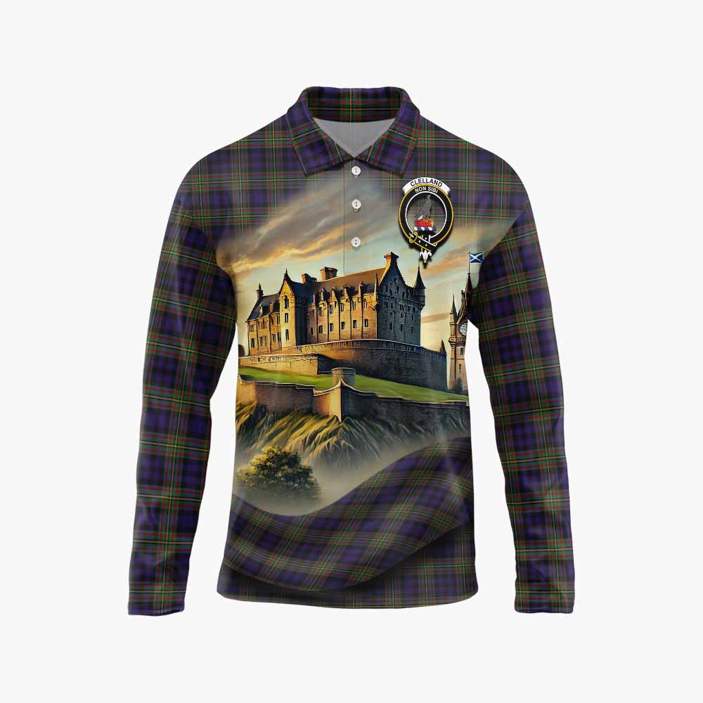 Clelland Tartan Family Crest Long Sleeve Polo Shirt with Scottish Ancient Castle Style Unisex - Tartan Vibes Clothing