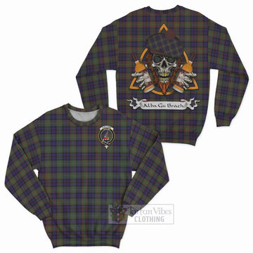 Clelland Tartan Sweatshirt with Family Crest and Bearded Skull Holding Bottles of Whiskey Unisex - Tartan Vibes Clothing