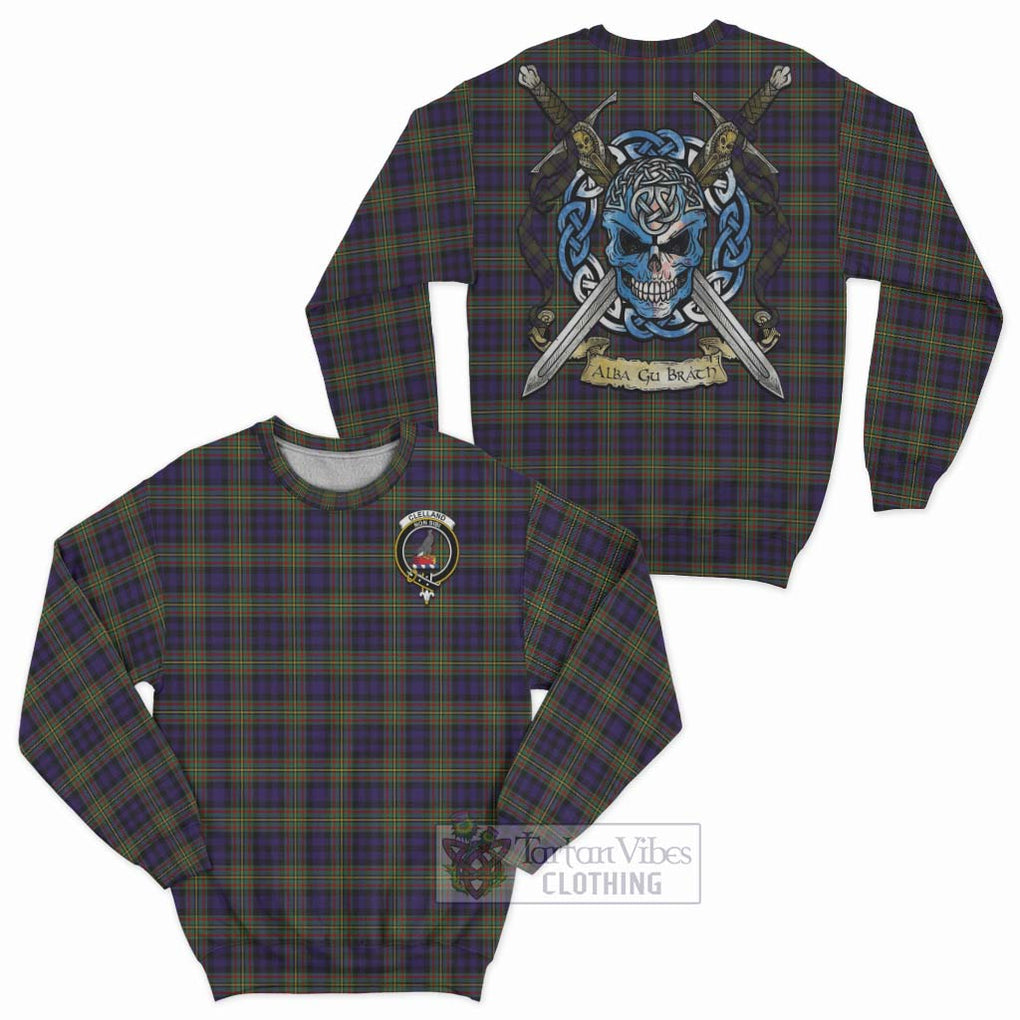 Clelland Tartan Sweatshirt with Family Crest Celtic Skull Style Unisex - Tartan Vibes Clothing